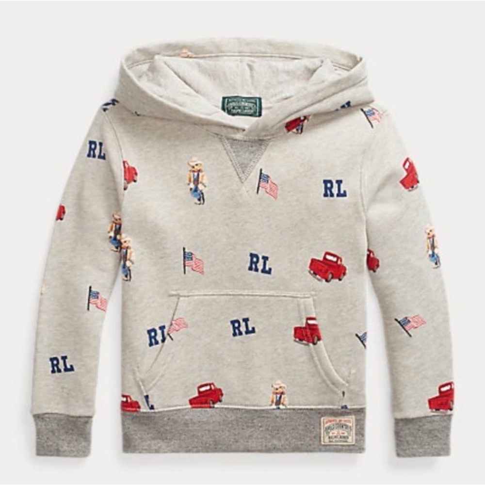Ralph Lauren Polo Country Boy’s Grey Graphic Polo Bear W/ Truck Hoodie, size XL